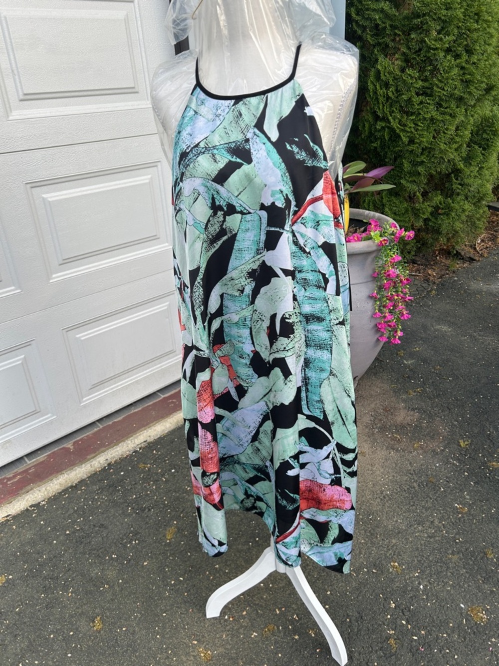 LC Lauren Conrad Black Tropical Print Halter Dress with Mint and Coral Accents